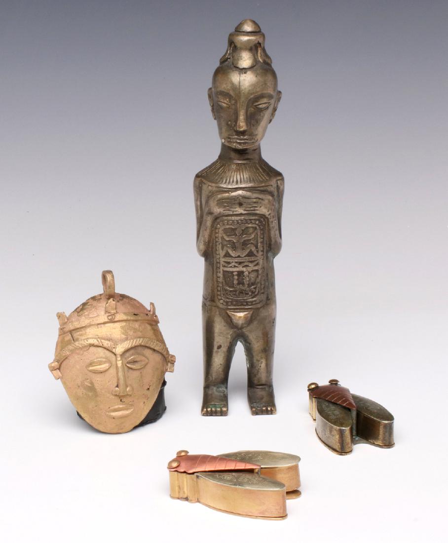 SEVERAL ODD CAST METAL DECORATIVE OBJECTS: As shown. Figure measures 9 inches. We happily provide seamless in-house packing and shipping services on nearly everything we sell.