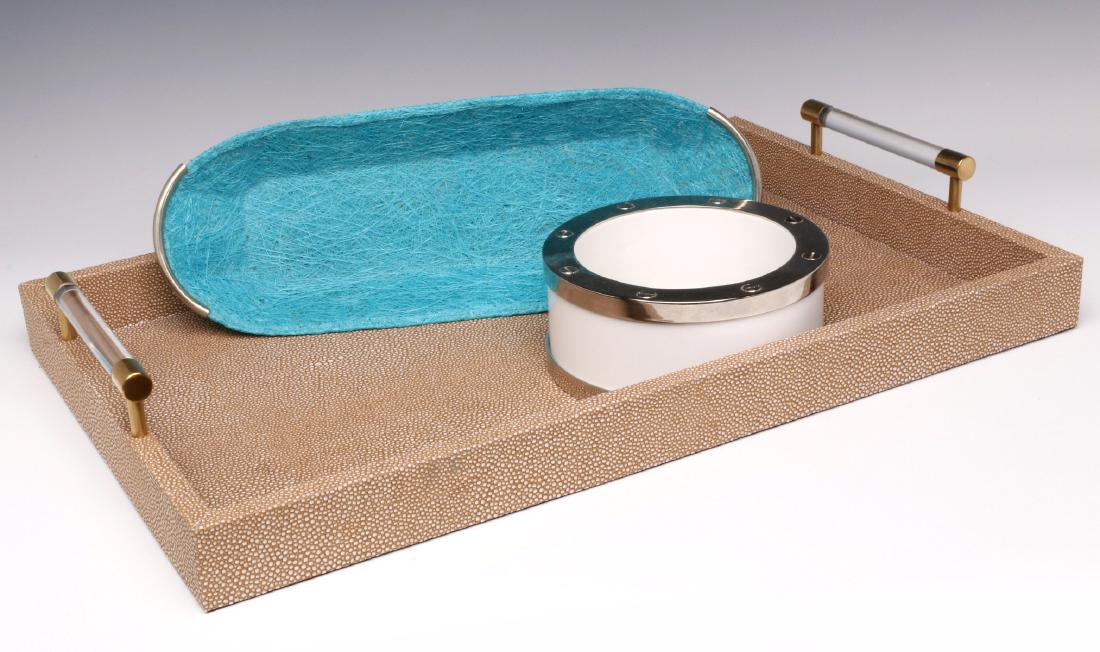 STYLISH TRAYS AND WINE COASTER: As shown. Wine coaster measures 2.75 deep x 6.5, large tray is 14 x 21.75, blue container is 1.5 deep by 15 inches. We happily provide seamless in-house packing and shipping services on nearly everyth