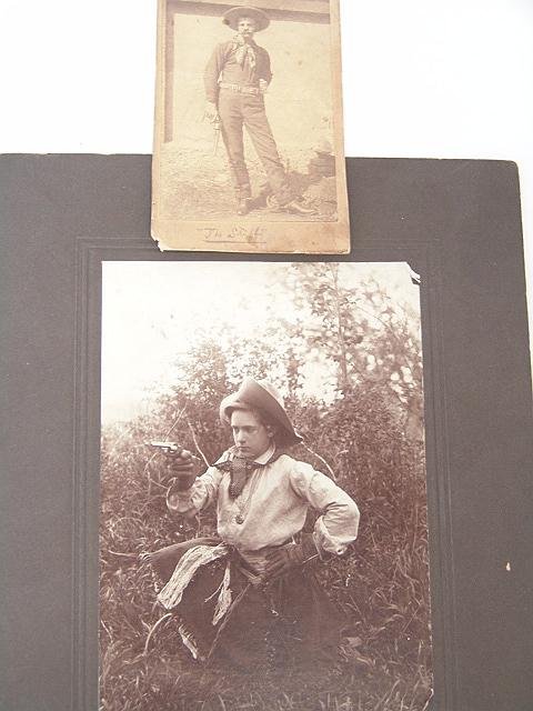 TWO MOUNTED PHOTOGRAPHS: WOMAN W/REVOLVER, MAN W/RE