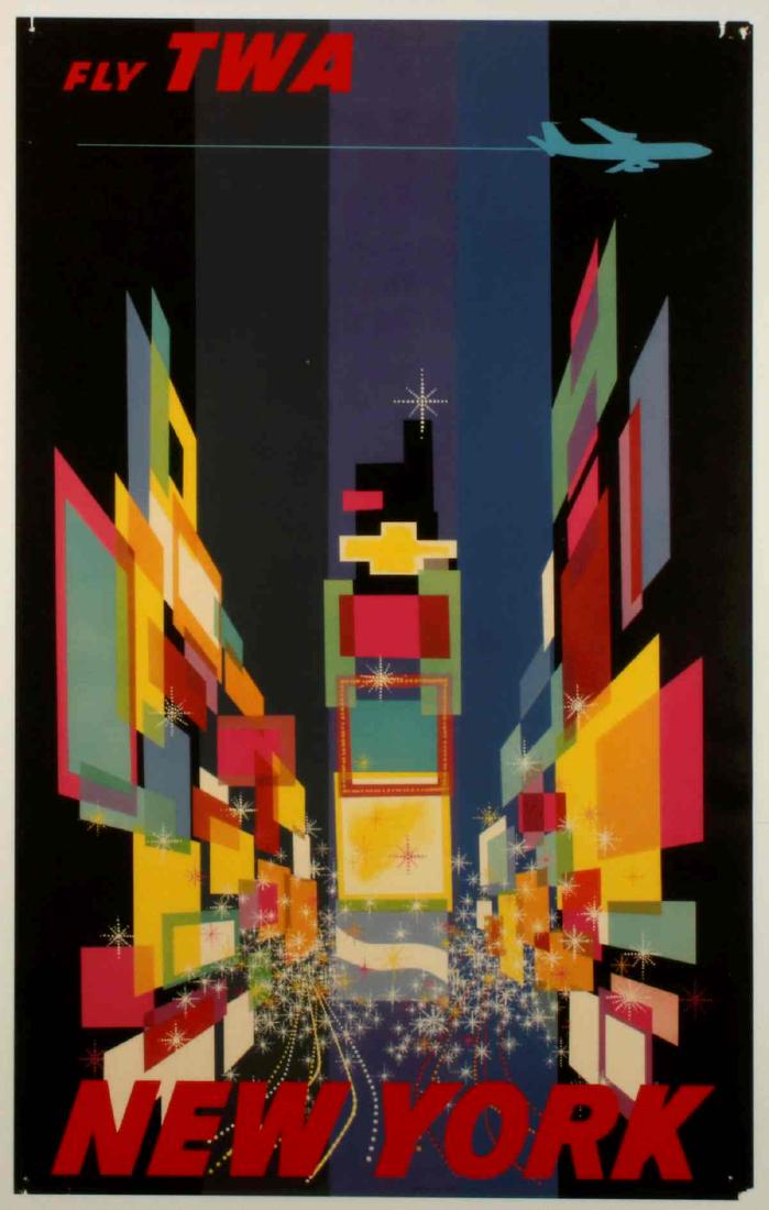A DAVID KLEIN NEW YORK TRAVEL POSTER FOR TWA: The 1960 version with a jet-era plane flying over the city, the innovative design being one of TWA's most famous travel posters and just one of the many famous designs by well-known poster artist Davi