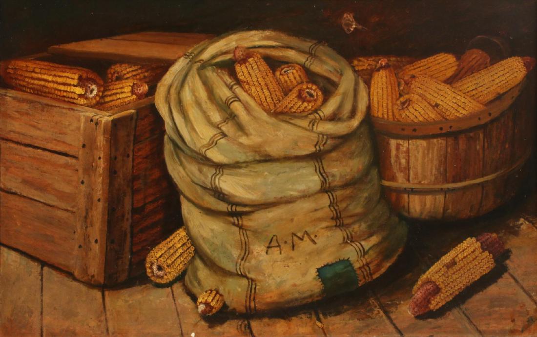 ALFRED MONTGOMERY (1857-1922) OIL ON BOARD: Alfred Montgomery (1857-1922) The depiction of a barn or shed interior after harvest, the bag, basket and crate spilling over with healthy ears of corn depicted in Montgomery's distinctive style with