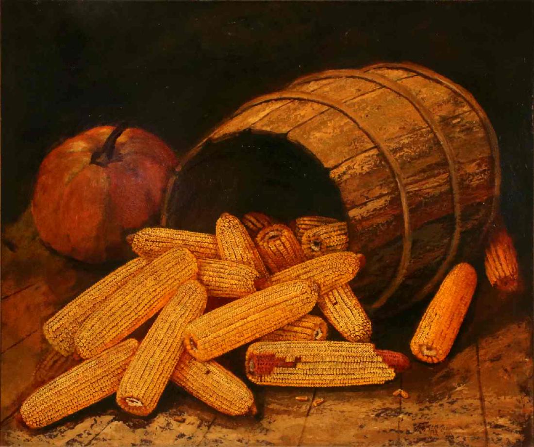 ALFRED MONTGOMERY (1857-1922) OIL ON BOARD: Alfred Montgomery (1857-1922) The still life composition of bountiful corn spilling from a 19th century wood stave barrel constructed using bent wood hoops, each ear is meticulously depicted in the di