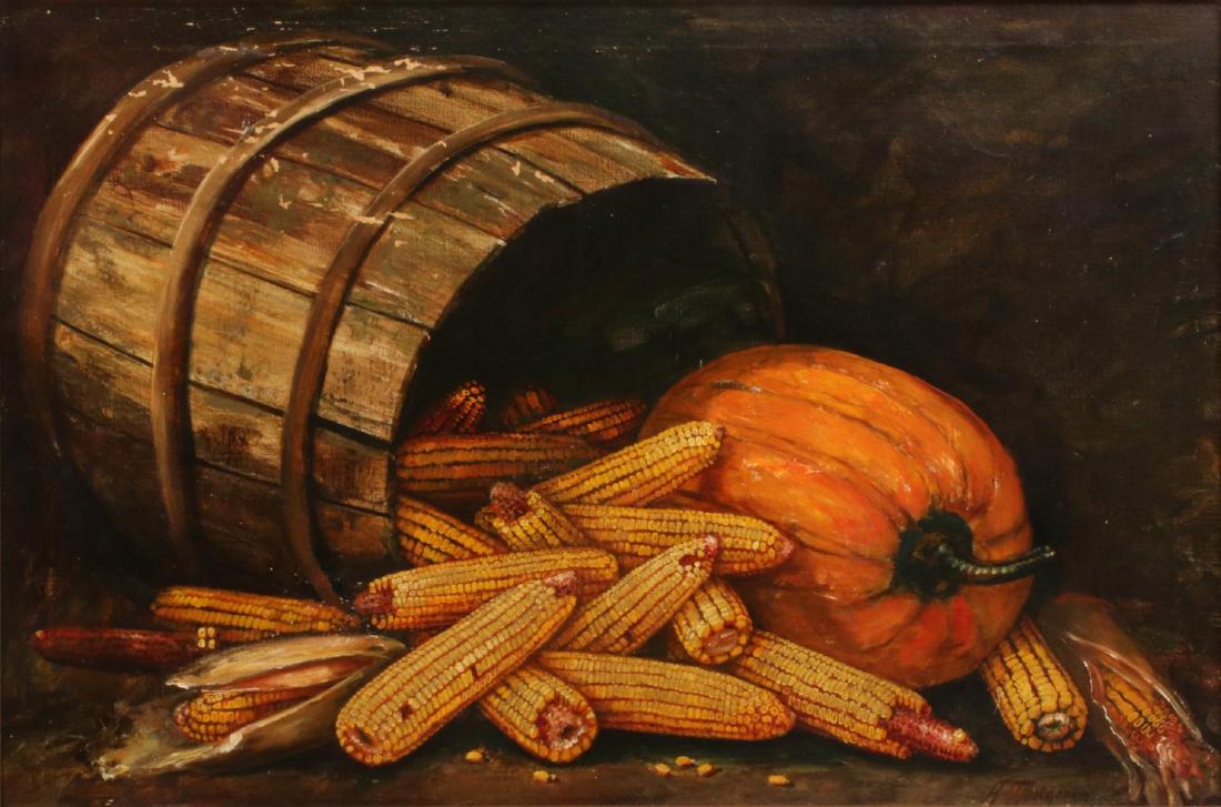 ALFRED MONTGOMERY (1857-1922) OIL ON CANVAS: Alfred Montgomery (1857-1922) A still life composition of corn depicted with the distinctive thick impasto technique unique to Montgomery, and a pumpkin, spilling from a wood stave barrel constructed