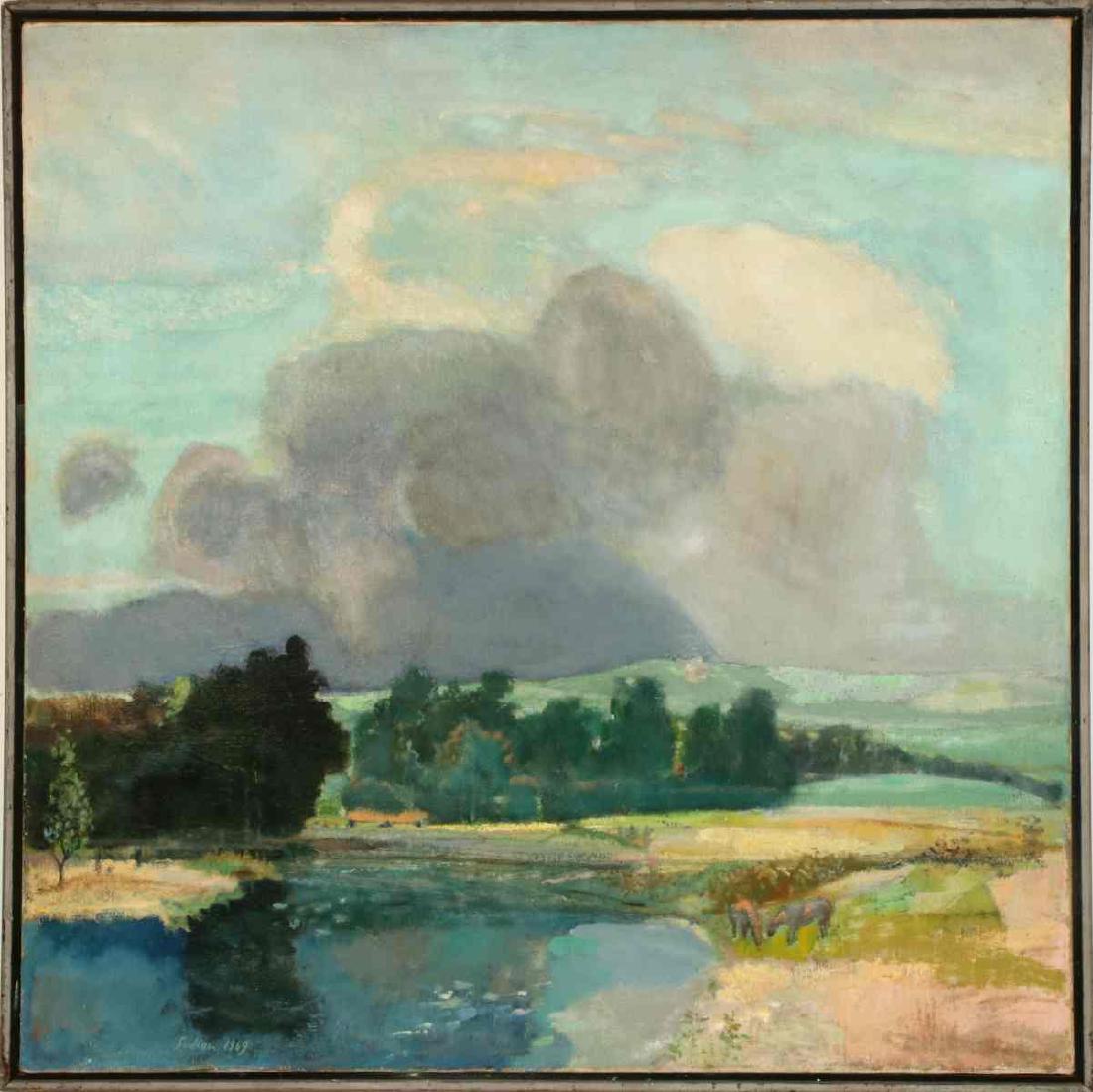 ROBERT SUDLOW (1920-2010) OIL ON CANVAS: Robert Sudlow (1920-2010) Storm Clearing 1969 Titled 'Storm Clearing' on the on the stretcher, signed lower left and dated 1969. Canvas measures 36 x 36, frame is 37.5 x 37.5 inches. We happily provid