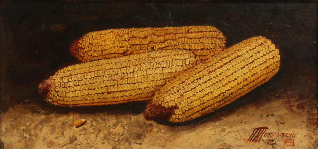 ALFRED MONTGOMERY (1857-1922) OIL ON BOARD: Alfred Montgomery (1857-1922) Circa 1890 - 1910 Signed lower right, a still life of corn with the kernels in the distinctive thick impasto technique unique to Alfred Montgomery, painted in a good size