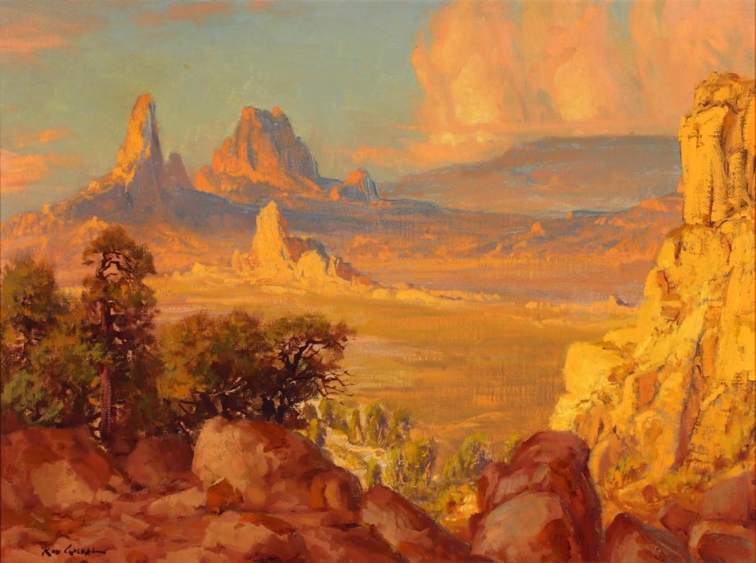 ROD GOEBEL (1946-1993) OIL ON CANVAS: Rod Goebel (1946-1993) Warm Vista Titled 'Warm Vista' verso on the stretcher, signed lower left. Canvas measures 12 x 16, frame is 19 x 23 inches. We happily provide seamless in-house packing and ship