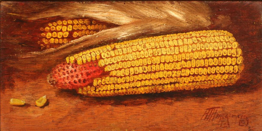 ALFRED MONTGOMERY (1857-1922) OIL ON PANEL: Alfred Montgomery (1857-1922) The still life of corn with the detailed kernels in the distinctive thick impasto technique unique to Montgomery and executed on a mahogany panel, possibly a cigar box li
