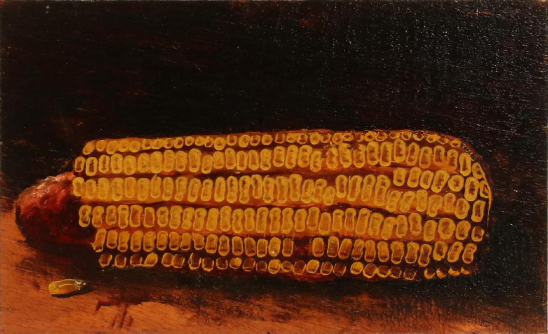 ALFRED MONTGOMERY (1857-1922) OIL ON CIGAR BOX LID: Alfred Montgomery (1857-1922) The study of a single ear of corn executed in the distinctive thick impasto technique unique to Alfred Montgomery, AM conjoined monogram lower left, tax stamps and labels