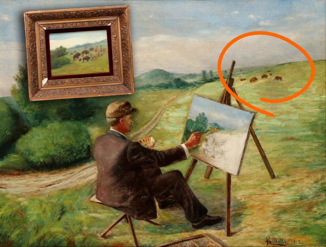 L.A. GILLETTE (1855-1940) SELF PORTRAIT, TWO WORKS: L.A. Gillette Circa 1917 Self-portrait of the artist at his easel painting a canvas similar in composition to the second work in this lot, a landscape with buffalo. The artist's view while working at 