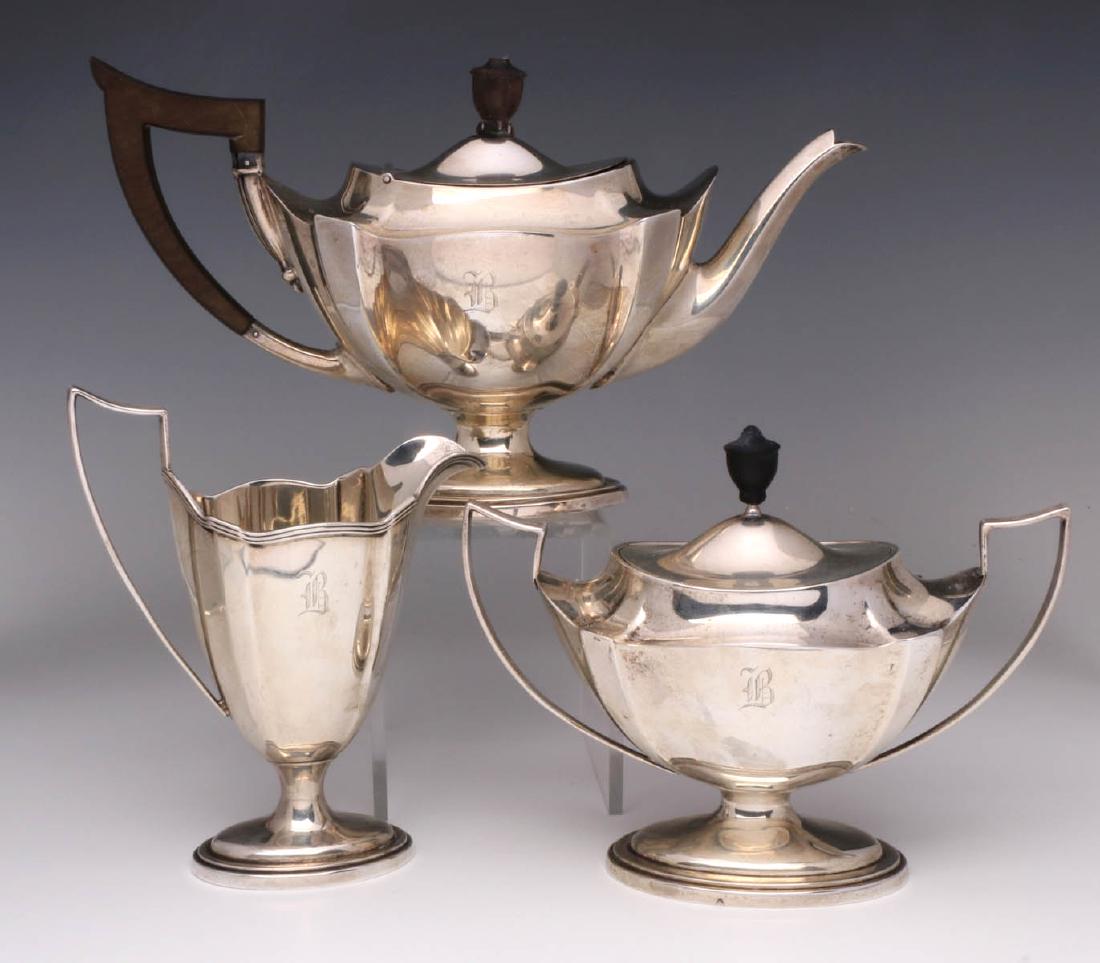 A GORHAM PLYMOUTH PATTERN STERLING SILVER TEA SET: The teapot, creamer and sugar bowl, ebony handle and finials, letter B monogram. Measures 4.5 to 6.25 inches, total weight 31.2 ozt. We happily provide seamless in-house packing and shipping services