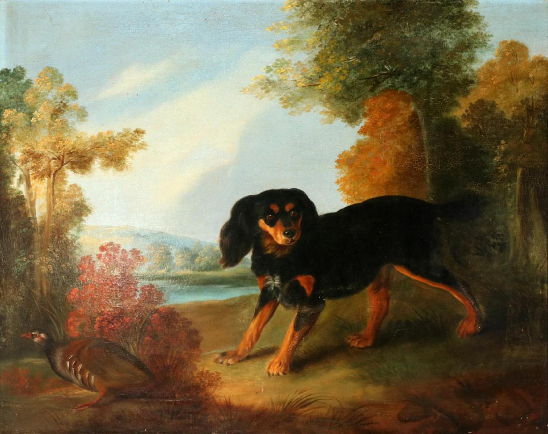 A 19TH CENT PAINTING OF HUNTING DOG AND GAME BIRD: MidDLE 19th century. The unsigned Continental school oil on canvas landscape of a spaniel in landscape with game bird. Measures 25.5 x 31.5, frame is 29.5 x 36 inches. We happily provide seamless in-h
