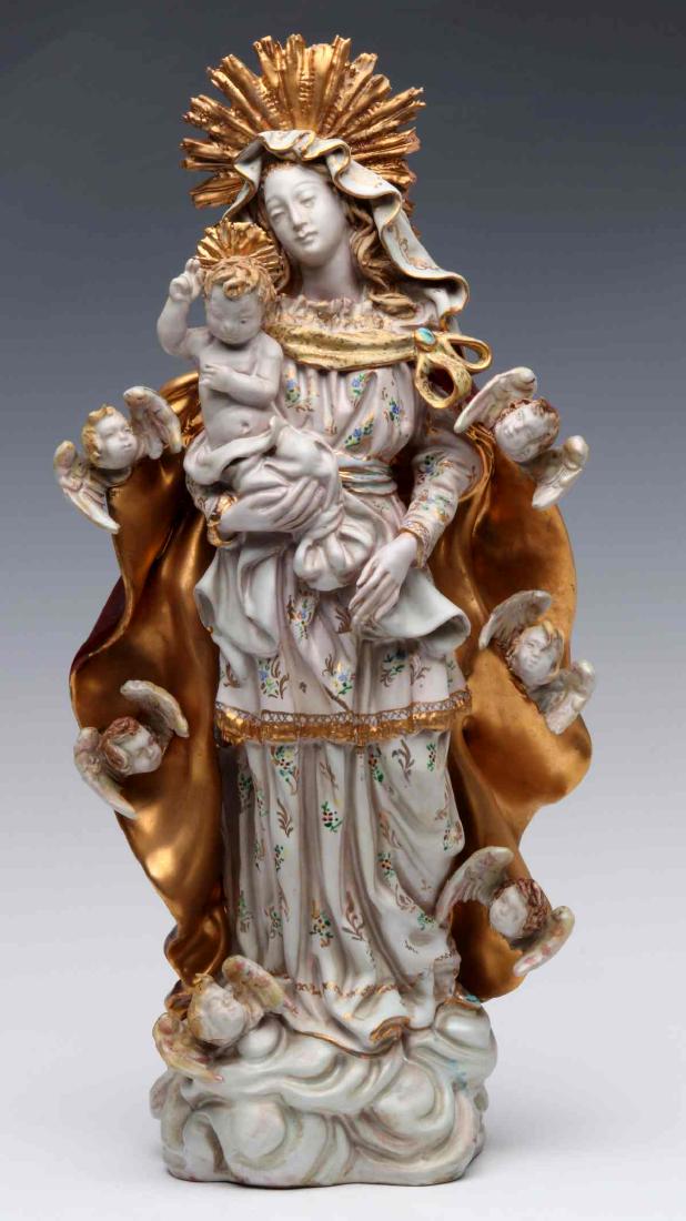 TWO POTTERY FIGURES OF THE MADONNA SIGNED PATTARINO: Eugenio Pattarino (1885-1971) Mid 20th century Two good terra cotta figures: A bust figure of The Madonna in flowing gilt robe, wearing crown and cradling the child Jesus, glazed in polychrome enamels