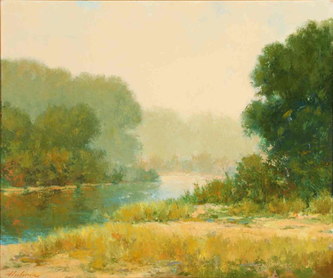 HAL HOLOUN (BORN 1939) OIL ON CANVAS (TWO WORKS): Hal (Harold Dean) Holoun (Born 1939) Pleasant untitled impressionist landscapes, one titled Lost River Study. Mid to late 20th century Untitled landscape signed lower right. 'Lost River Study' titled 