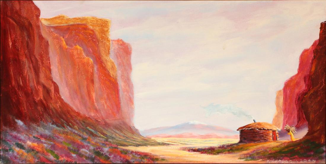 ROLAND KICKAPOO LOGAN (1908-2000) OIL ON BOARD: Roland Kickapoo Logan (1908-2000) Indian Shack Titled 'Indian Shack' by the brass frame plaque, signed lower right, dedication verso reads 'To my friend Janet, Happy trails, Kickapoo Logan.' Measures 