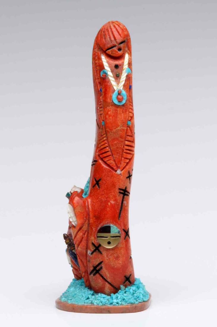 VICKIE QUANDELACY CARVED CORAL CORN MAIDEN FETISH: The unusual sponge coral, double sided, corn maiden with a water jug of flowing turquoise chips, corn carved from various stones, each maiden wears a hand-carved stone necklace with dragon fly crosses