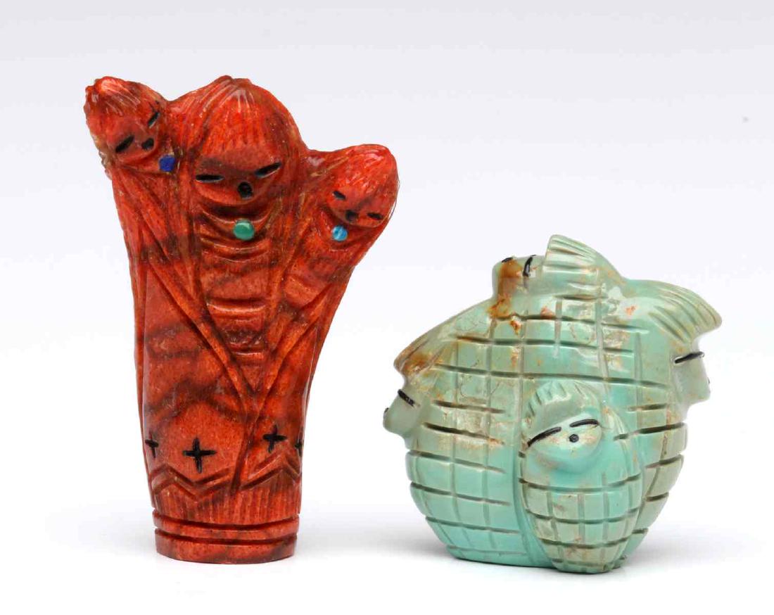 TWO ZUNI CARVED CORN MAIDEN FETISHES: One is a triple corn maiden fetish carved from orange sponge coral, set with multi colored stones and cross carvings, attributed to Faye Quandelacy. Plus a quadruple corn maiden piece carved from pale