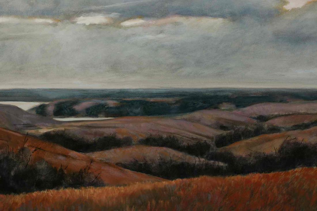 BARBARA WATERMAN-PETERS (BORN 1944) OIL ON CANVAS: Barbara Waterman-Peters (Born 1944) Autumn, Tuttle Creek 2005 The expansive Kansas Flinthills landscape initialed lower right, signed on the stretcher and titled 'Autumn, Tuttle Creek,' dated 7-31-05.