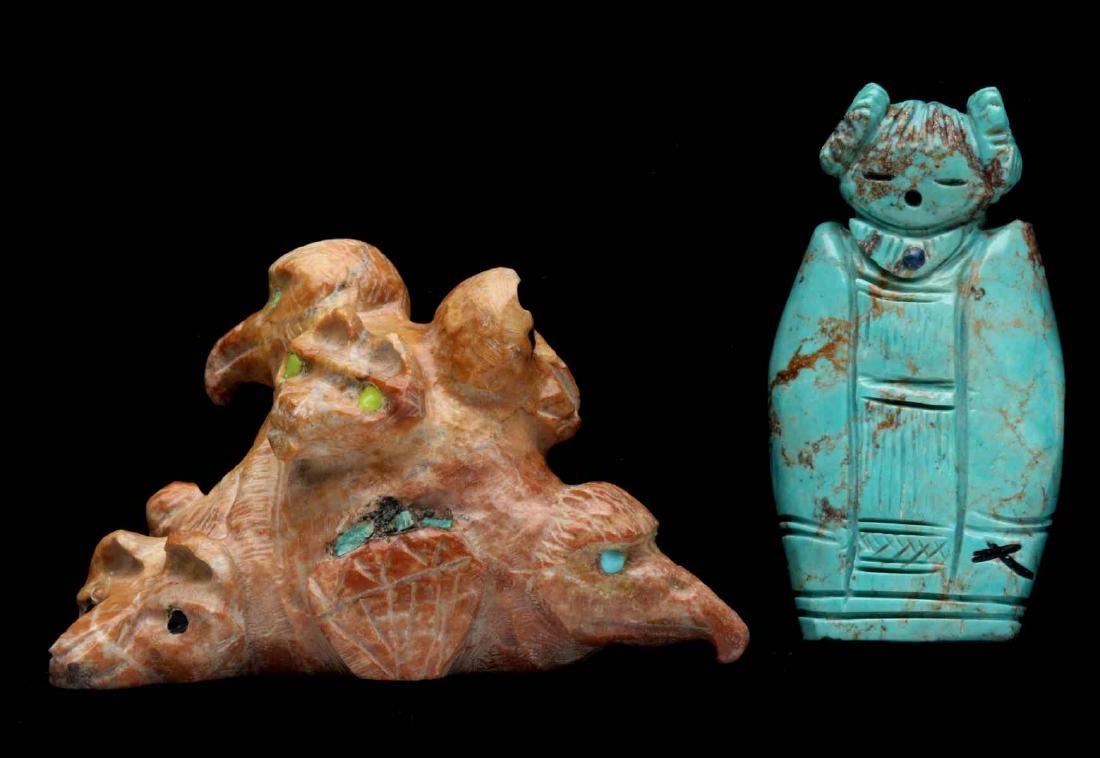 JOSHUA MECALE AND FAYE QUANDELACY ZUNI FETISHES: The first being an alabaster fetish by Joshua Mecale representing the six directions through the faces of animals, eagles, mountain lions and coyote along with a pot of water. The second is a turquois