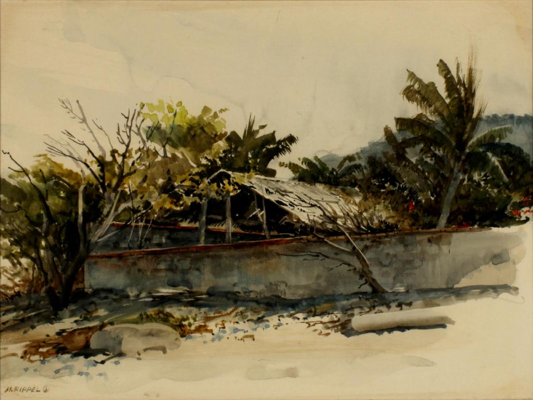 MORRIS RIPPEL (1930-2009) WATERCOLOR ON PAPER: Morris Rippel (1930-2009) Sea Wall Titled 'Sea Wall Jo.' verso, signed lower left. Measures 9 x 12, frame is 16 x 19 inches. We happily provide seamless in-house packing and shipping services on nearl