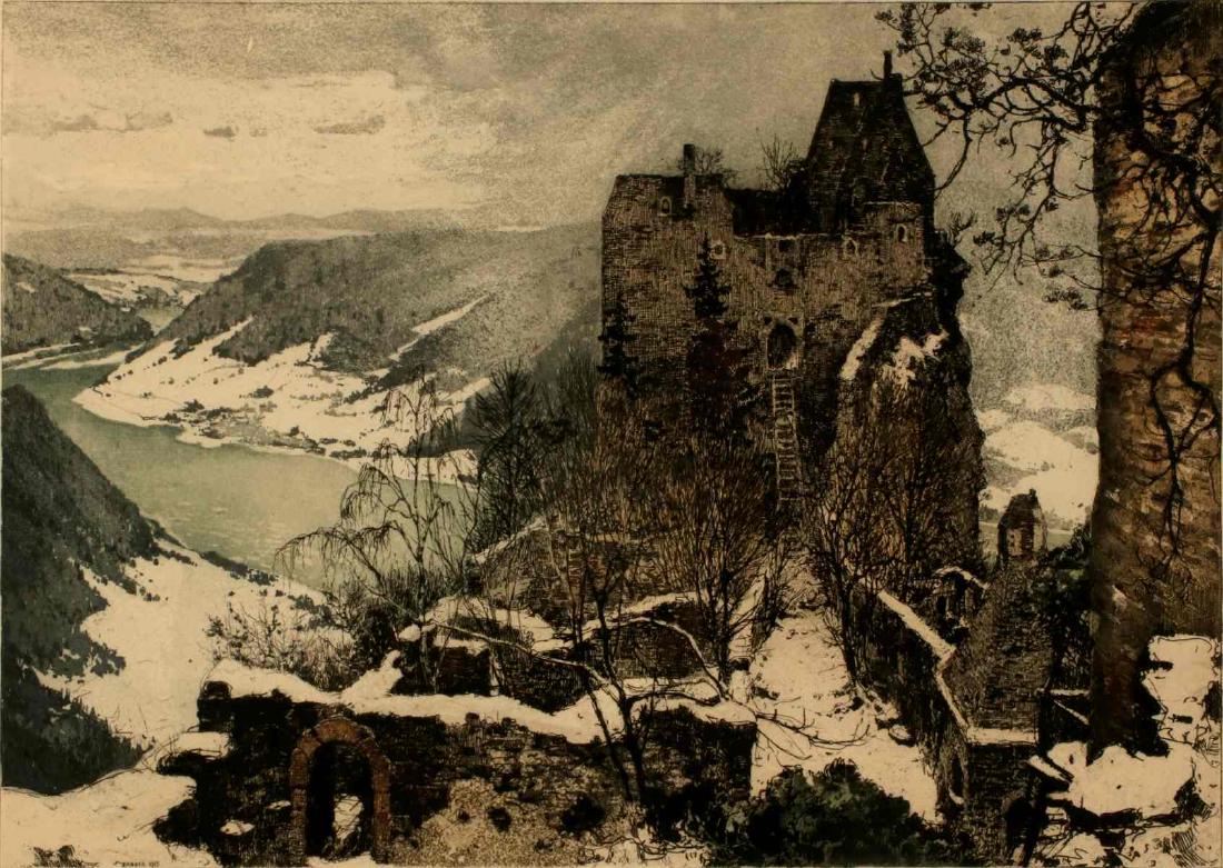 LUIGI KASIMIR (1881-1962) PENCIL SIGNED ETCHING: Luigi Kasimir (1881-1962) Aggstein Castle on the Danube 1915 Hand-colored etching pencil signed lower right, noted 'Janner 1915' in the plate, a remarque in the margin. Sight size measures 18 x 24, fr