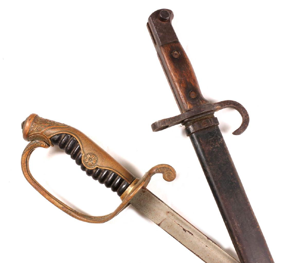 JAPANESE TYPE 30 BAYONET AND JAPANESE SHORT SWORD: Type 30 Arisaka bayonet with Jinsen Rikugun Zoheisho Arsenal mark, wood grips, fitted scabbard. Plus a cut down short sword with silvered blade, brass guard and wood grip. Measure 19 inches and 20 inc