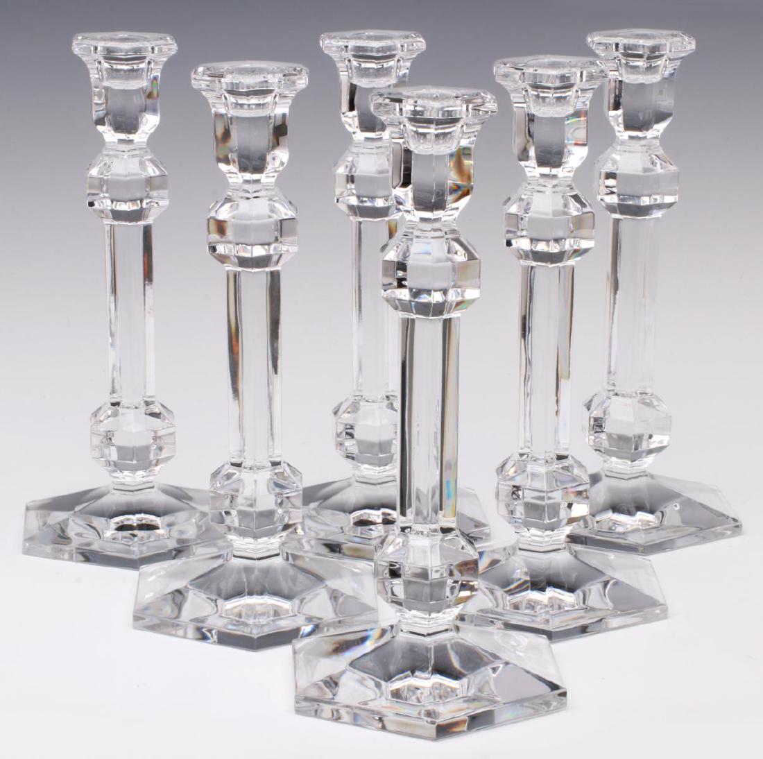 SIX CRYSTAL CANDLESTICKS SIGNED VAL ST. LAMBERT: Each with clean polished crystal six-sided candle cup on matching stem with double knop and conforming base with six polished panels. Measures 9 inches tall. We happily provide seamless in-house packi