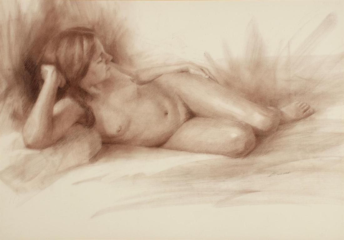 RON BARSANO (BORN 1945) SIGNED CONTE SKETCH: Ron Barsano (Born 1945) Reclining Nude 1973 A conte crayon sketch on paper, signed lower right, titled verso 'Reclining Nude' and dated 73. Measures 16 x 23, frame is 24.75 x 30.75 inches. We happily 