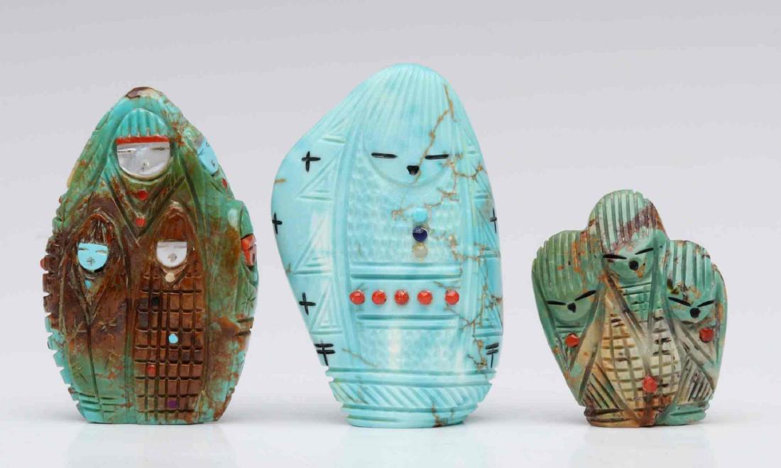 THREE TURQUOISE CORN MAIDEN FETISHES: The three hand carved, double sided turquoise corn maiden fetishes include a light blue Olla maiden with several carved dragon flies on her robe and multiple stones inlaid along her rows of corn, sign