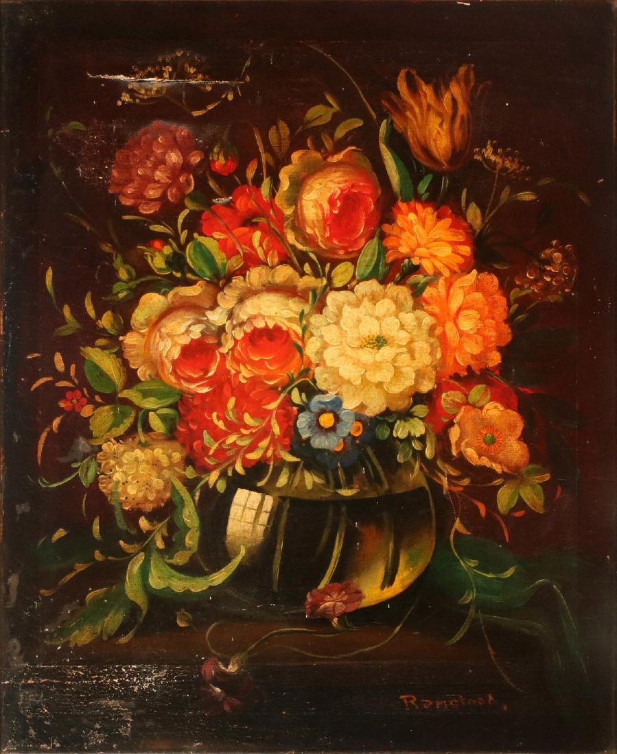 AN EARLY 20TH C DUTCH SCHOOL FLORAL STILL LIFE: Illegibly signed lower right, unidentified. Measures 29 x 24, frame is 32.5 x 27.5 inches. We happily provide seamless in-house packing and shipping services on nearly everything we sell.
