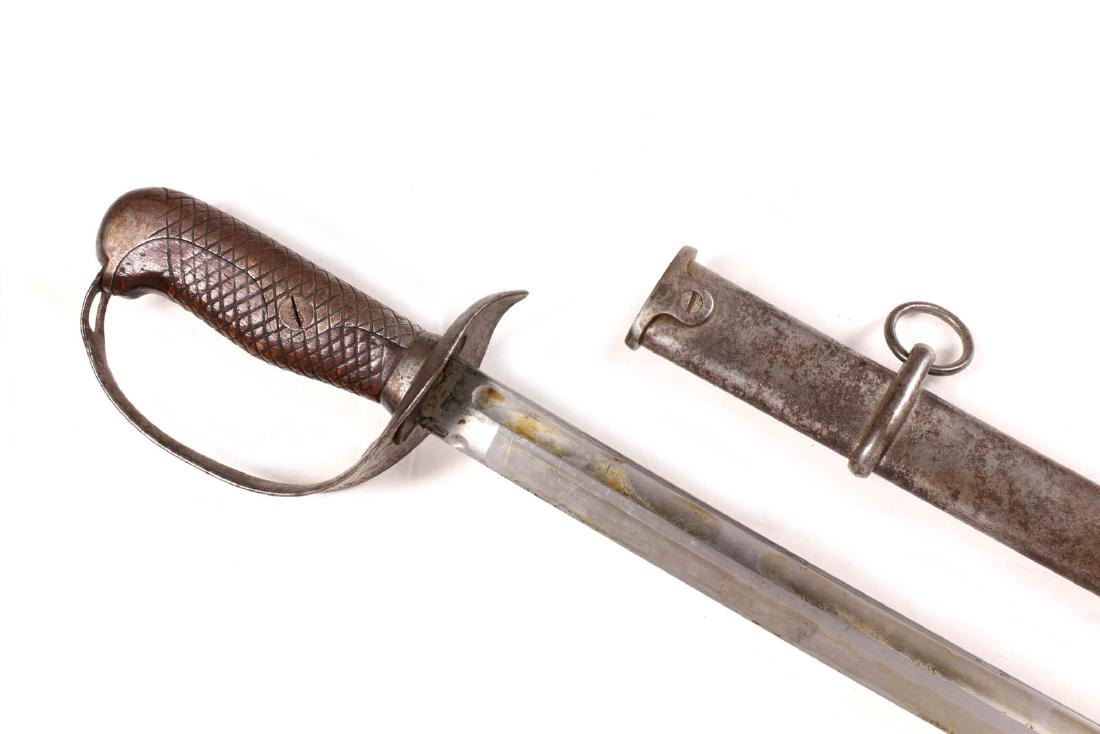 IMPERIAL JAPANESE CAVALRY SWORD, GUNTO TYPE 32: An NCO type 32 Gunto, circa 1889 with matching numbers 82433 on the ricasso and scabbard drag, checkered wood grip, steel backstrap, crab's eye nut screw, foundry marks on guard, single ring suspensio