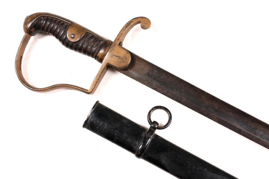 A PRUSSIAN M1873 STYLE ARTILLERY SWORD W/ SCABBARD: The unmarked sword with gold painted P guard, clip point blade, wooden grip; black painted scabbard with double ring suspension. Measures 32.75 inch blade, 37.5 inches overall. We happily provide seam