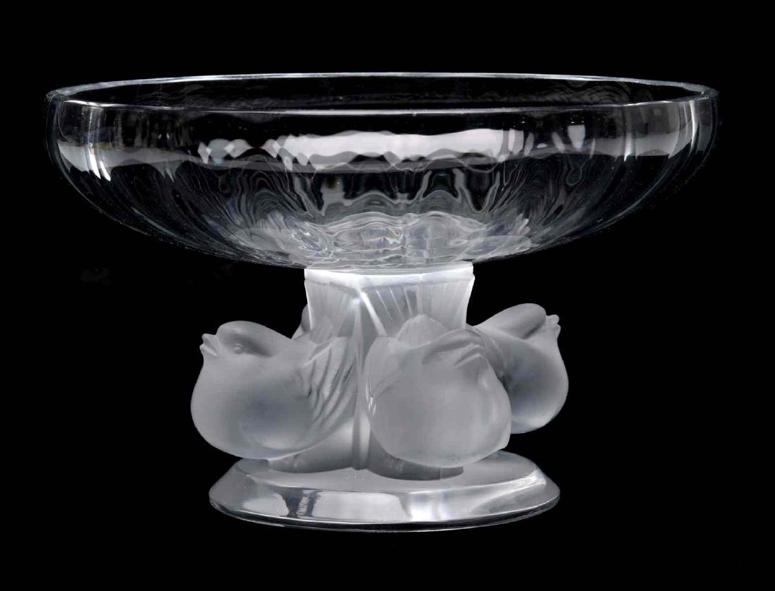 A LALIQUE 'NOGENT' FRENCH CRYSTAL COMPOTE: Frosted foot and stem with four sparrows, signed on the base. Measures 3.5 x 5.5 inches. We happily provide seamless in-house packing and shipping services on nearly everything we sell.