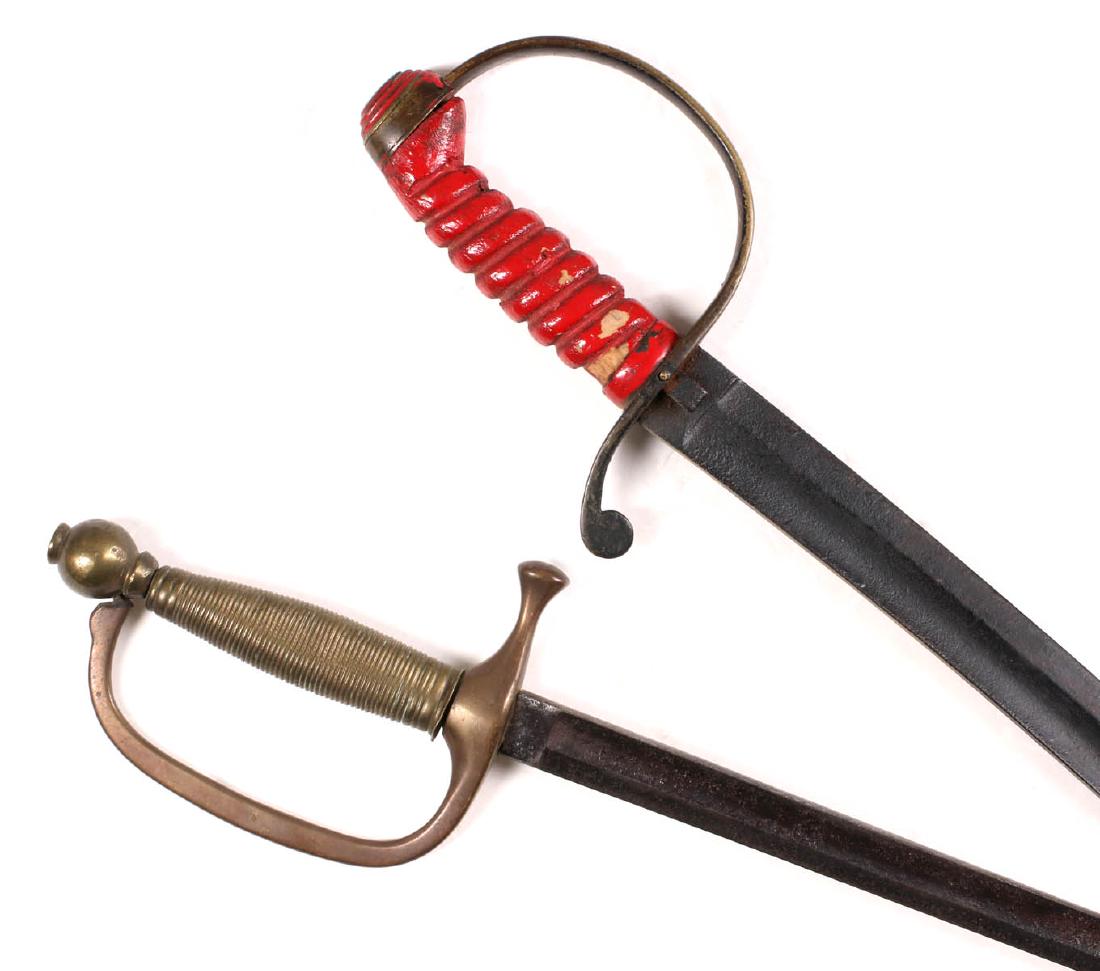 TWO LATE 19th TO EARLY 20th EUROPEAN SWORDS: Curved saber with red painted grip, guard marked Bayer, and a short rapier with obscure mark, loose brass grip, brass guard. Measure 33.5 inches and 28.75 inches. We happily provide seamless in-house 