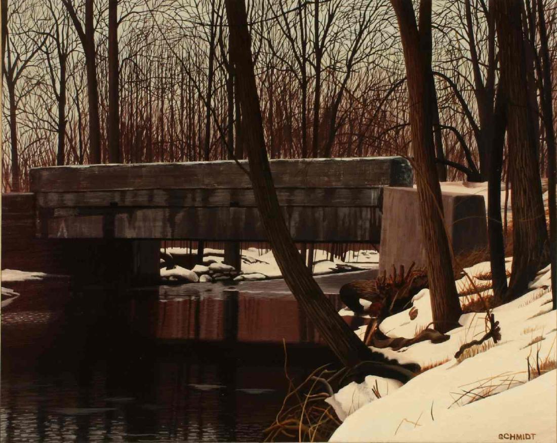 OIL ON BOARD WINTER LANDSCAPE SIGNED 'SCHMIDT': Signed lower right. Board measures 16 x 20, frame is 24 x 28 inches. We happily provide seamless in-house packing and shipping services on nearly everything we sell.