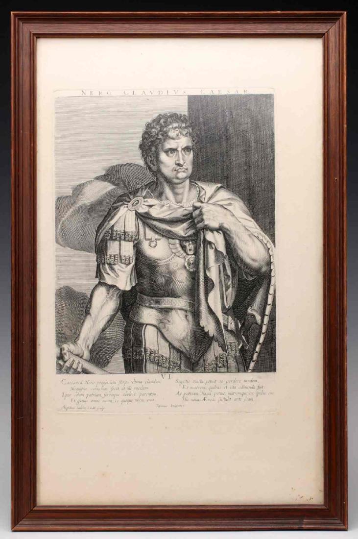 EARLY WOOD ENGRAVINGS AFTER TITIAN AND OTHERS: Three wood engravings including an image of Nero Claudius Caesar Emperor of Rome, and an image of Manius Curius Dentatus refusing gifts from the ambassadors of the Samnites. Frames measure from 15 x 1