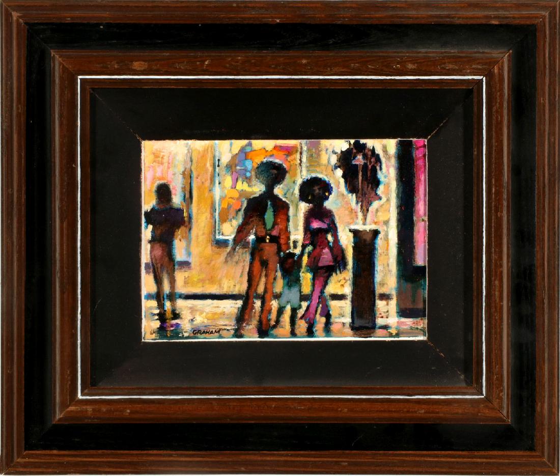 ROBERT MacDONALD GRAHAM JR. (1919-2003) ACRYLIC: Robert MacDonald Graham Jr. (1919-2003) A Visit to the Art Museum 1975 An acrylic on Masonite titled 'A Visit to the Art Museum' verso, signed lower left. Panel measures 5.5 x 7.5, the frame is 12 x 1