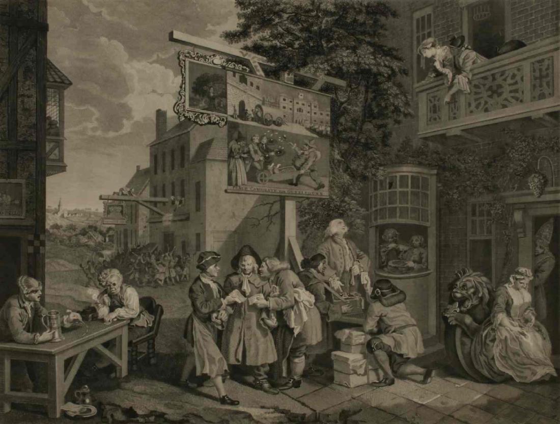 WILLIAM HOGARTH BOOK AND ENGRAVINGS CIRCA 1800: William Hogarth (1697-1764) 18th century Two engravings: 'Canvassing for Votes' and 'The Polling,' 'designed' by W. Hogarth, Engraved by T. Cook; An engraving titled 'Simon Lord Lovat, Drawn from the