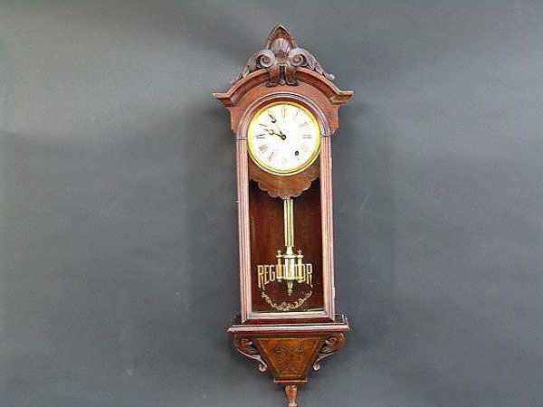 F. KROEBER ANTIQUE CLOCK REGULATOR NO. 31: Nice Walnut model with cylinder pendulum and all original dial in case missing a return trim on one side otherwise intact and good and nice running condition. Original paper label on the reverse. Meas