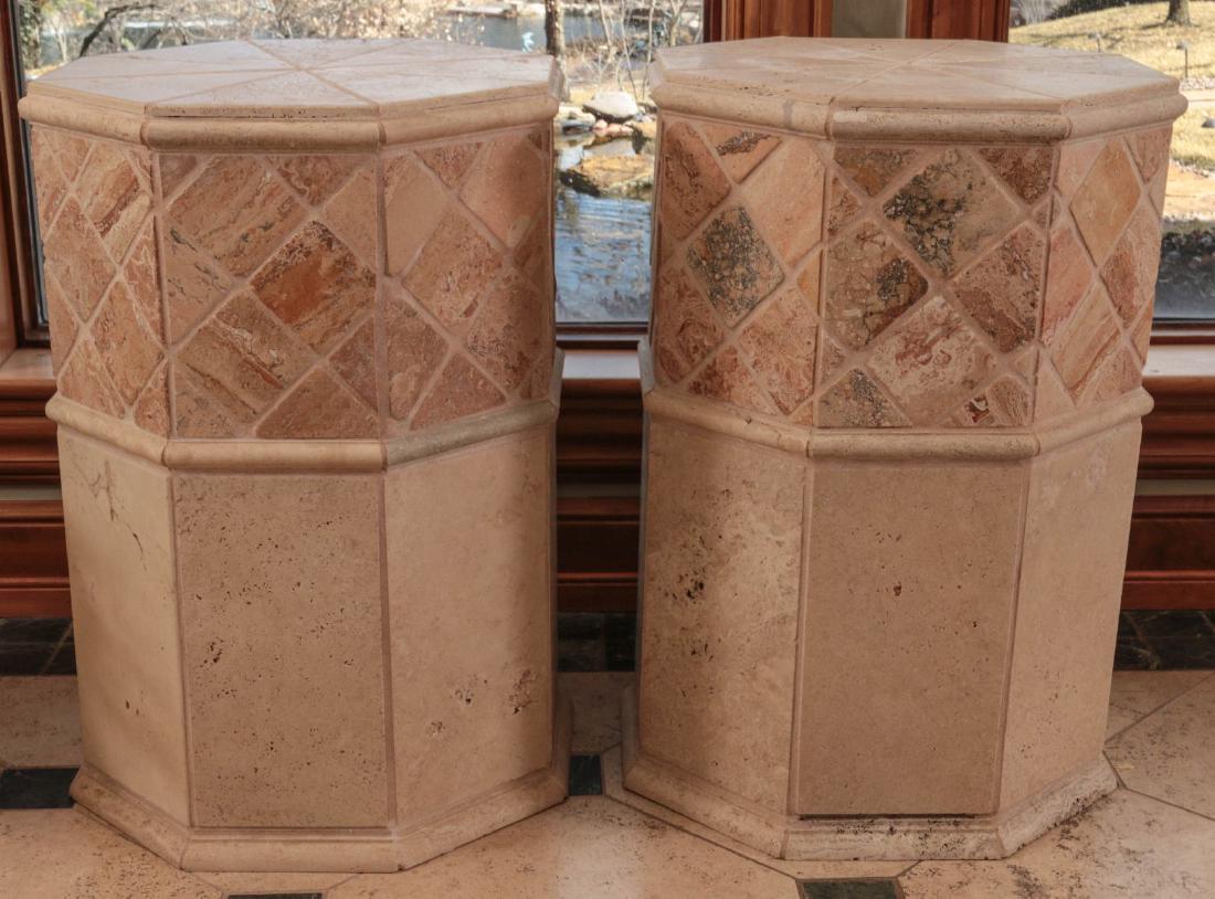 A PAIR OF CERAMIC TILE VENEERED PEDESTALS / STANDS: Notice before bidding: shipping this lot will be costly. Local pick-up is strongly suggested. Circa late 20th century, nice custom quality. Each measures 31 x 21 x 21 inches. Provenance: Spirit of Ava