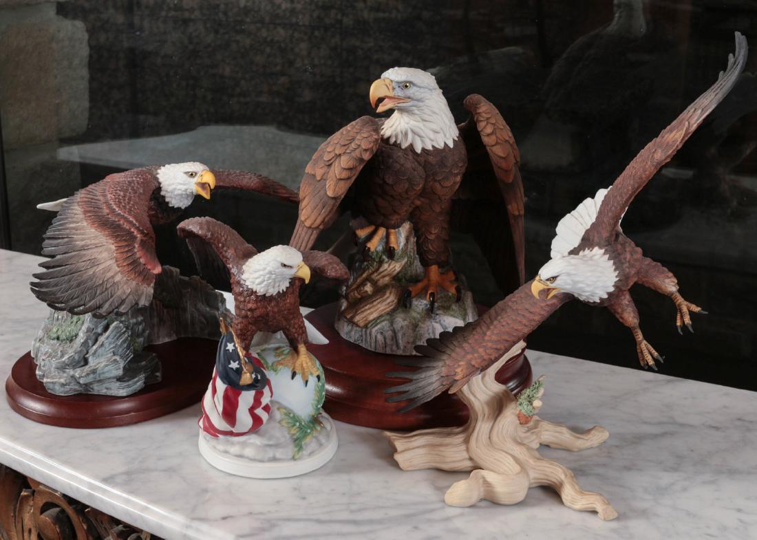 LENOX AND OTHER PORCELAIN BALD EAGLE MODELS: As shown. Sizes range from 12.75 x 9 x 6 to 7.25 x 5 x 6 inches. Provenance: Spirit of Avalon Mansion and Gardens, Lake Quivira, Kansas For this auction only, any lot requiring shipping will be subjec
