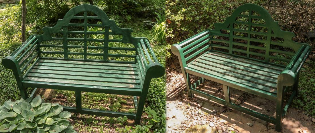 A PAIR OF HIGH BACK PAINTED WOOD GARDEN BENCHES: Openwork slat construction with rolled arms. Each measures 41 x 54.5 x 24 inches. For this auction only, any lot requiring shipping will be subject to a $40 handling fee in addition to normal packagin