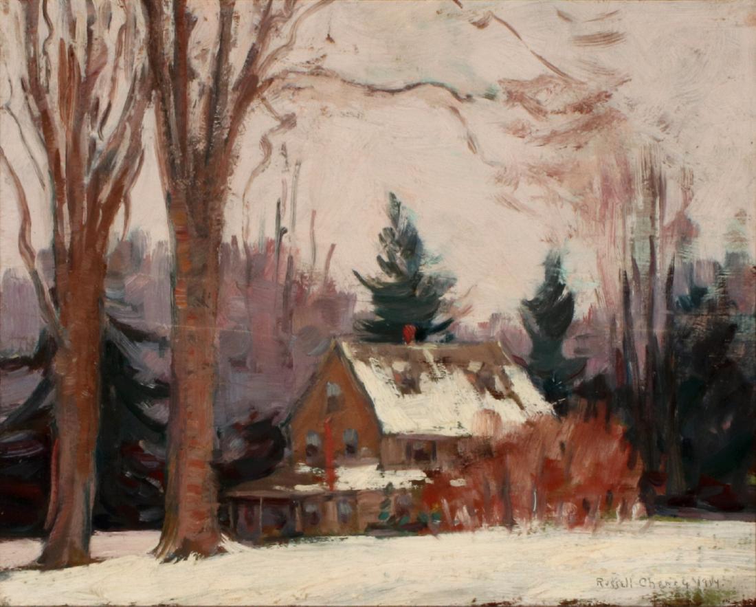 RUSSELL CHENEY (1881-1945) OIL ON PANEL: Russell Cheney (1881-1945) Farmhouse in the Snow, 1914. 1914 Signed lower right and dated 1914. Board measures 13 x 16 with a frame of 22.5 x 25.5 inches. We happily provide seamless in-house packing