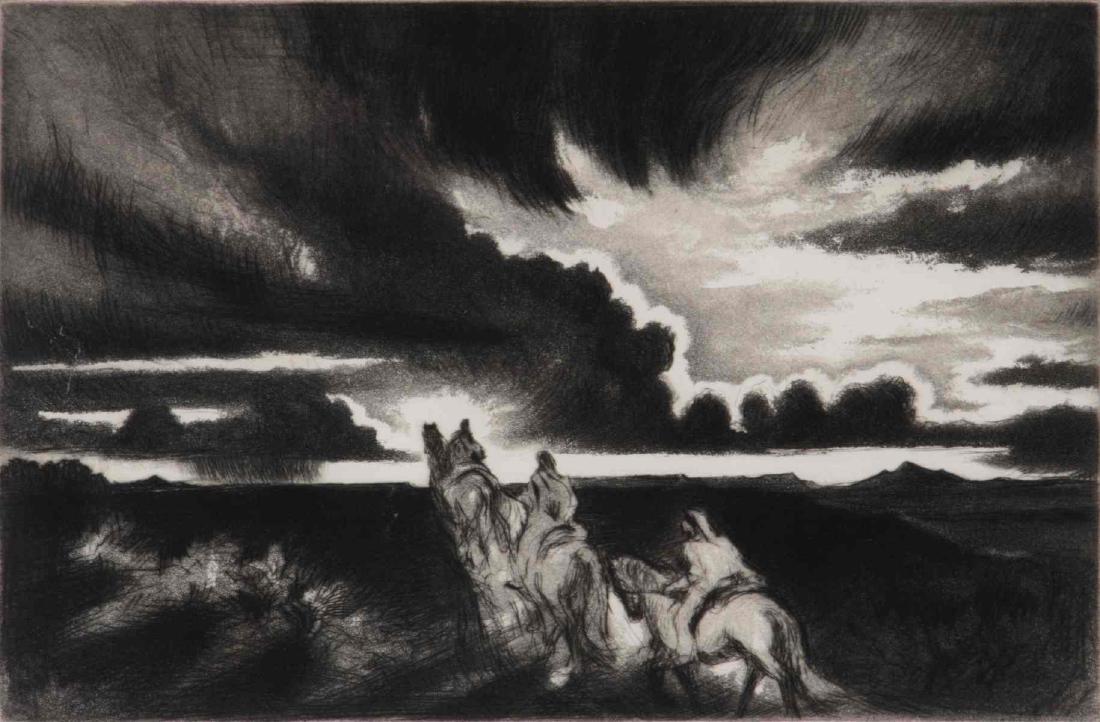 GENE KLOSS (1903-1996) PENCIL SIGNED ARTIST'S PROO: Gene Kloss (1903-1996) Riders at Sundown 1953 The aquatint etching printed in low edition of 75, titled 'Riders at Sundown' signed by the artist in pencil lower right, Artist's Proof designation lower