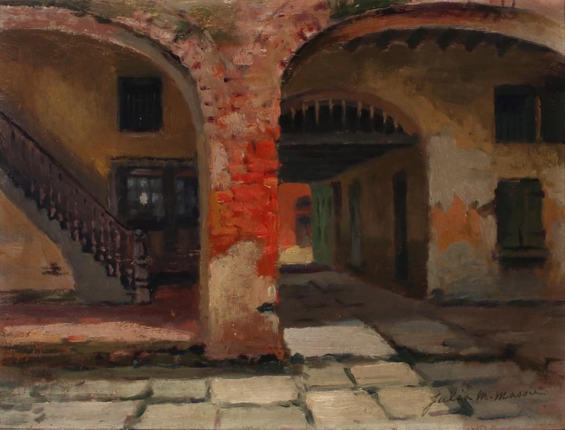 JULIA M. MASSIE (1869-1949) OIL ON PANEL: Julia M. Massie (Louisiana, 1869-1949) Signed lower right. Board measures 9.25 x 12.25 with a frame of 14.5 x 17.5 inches. We happily provide seamless in-house packing and shipping services on nearly 