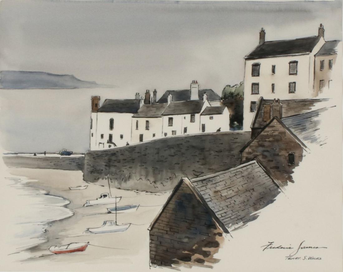 FREDERIC JAMES WATERCOLOR & GEORGE SCHREIBER LITHO: A Frederic James (1915-1985) watercolor titled 'Tenby, S. Wales', signed lower right. A pencil signed color lithograph by Georges Schreiber (1904-1977) titled 'Seascape', edition 20/120 lower left, si