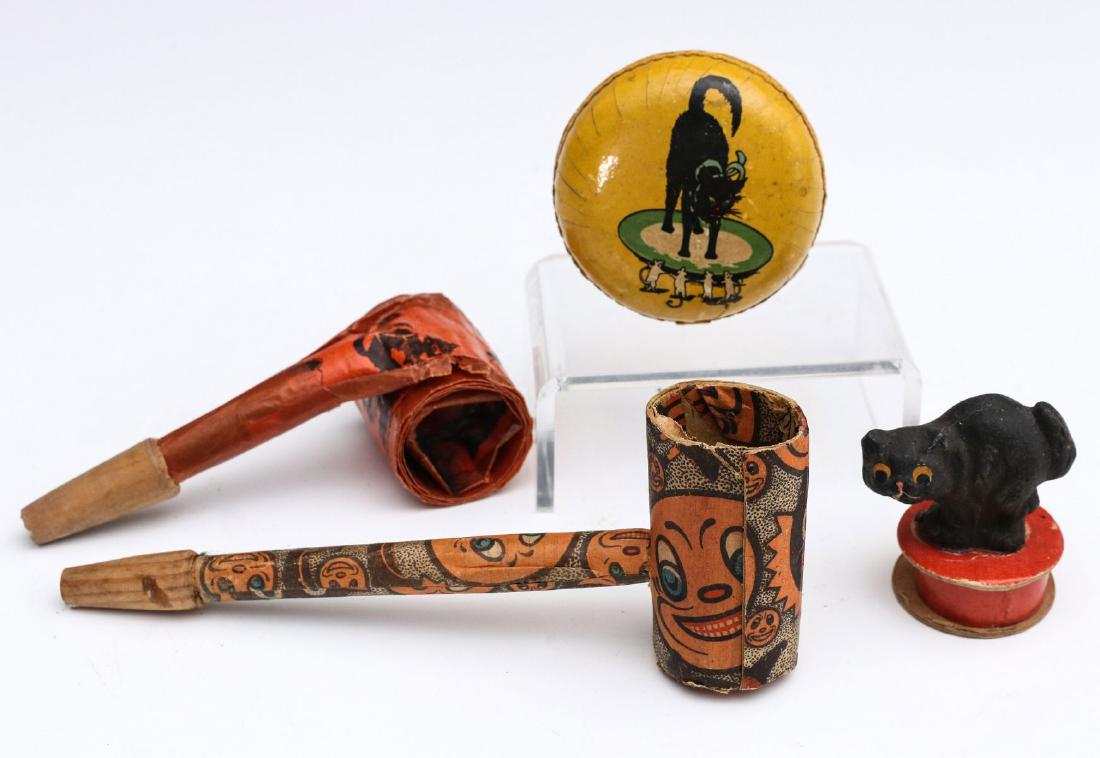 ANTIQUE HALLOWEEN NOISEMAKERS AND CANDY CONTAINERS: A collection of good Halloween items, some marked Made in Germany, as shown. Sizes range from 0.75 to 6 inches. We happily provide seamless in-house packing and shipping services on nearly everything 
