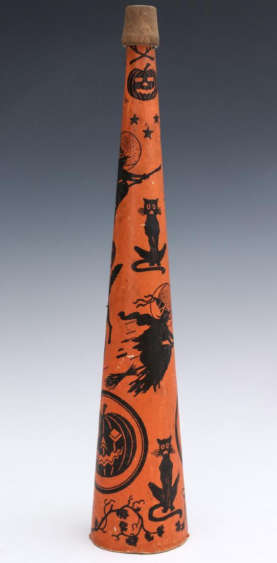 1921 HALLOWEEN HORN WITH HALLOWEEN NOISE MAKER: A tall cardboard horn with black graphics on orange, plus a tin litho noisemaker with wood handle, Made In Japan. Sizes range from 3.75 to 15.5 inches. We happily provide seamless in-house packing and