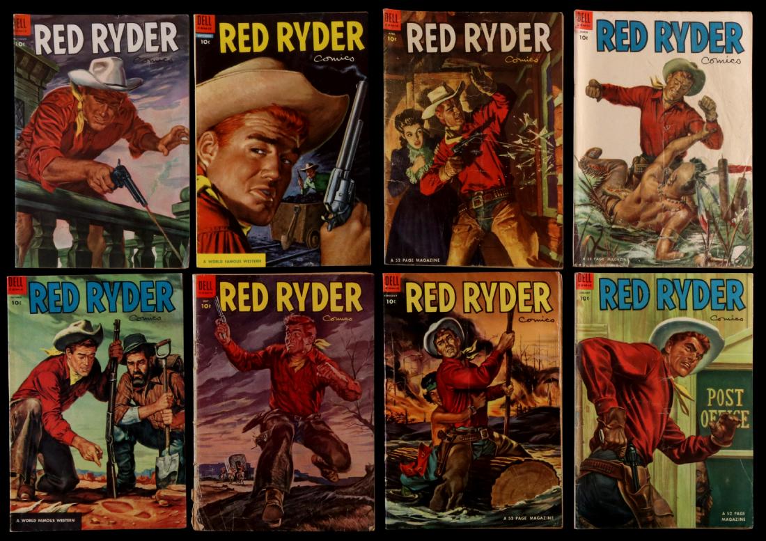 FORTY-TWO RED RYDER COMICS, TWO SIGNED BY FRED HARMON: Red Ryder Comics issues 102 and 105 signed and inscribed on the cover 'Happy Trails, Fred Harman' by the artist. Issues included in this lot are: Red Ryder Comics issues 52, 57, 58, 59, 62, 63, 64, 67