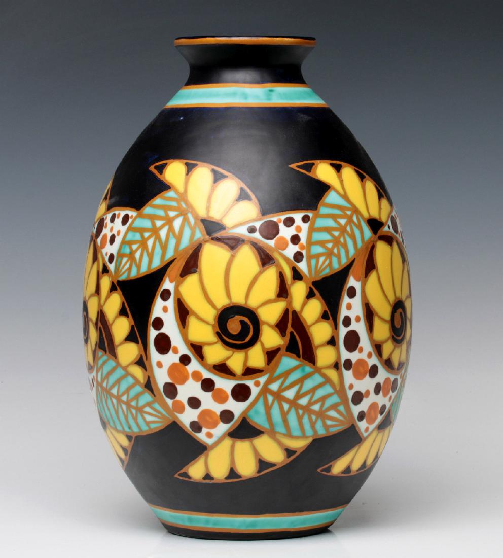 AN ART DECO BOCH FRERES VASE SIGNED LAMBILOTTE: Leon Lambillotte Circa 1927 The bright colorful Art Deco design by Leon Lambillotte, the artists' initials L.D. and L.L., the Keramis vase numbered 1084 and marked with wolf and a blue inkstamp. Measu