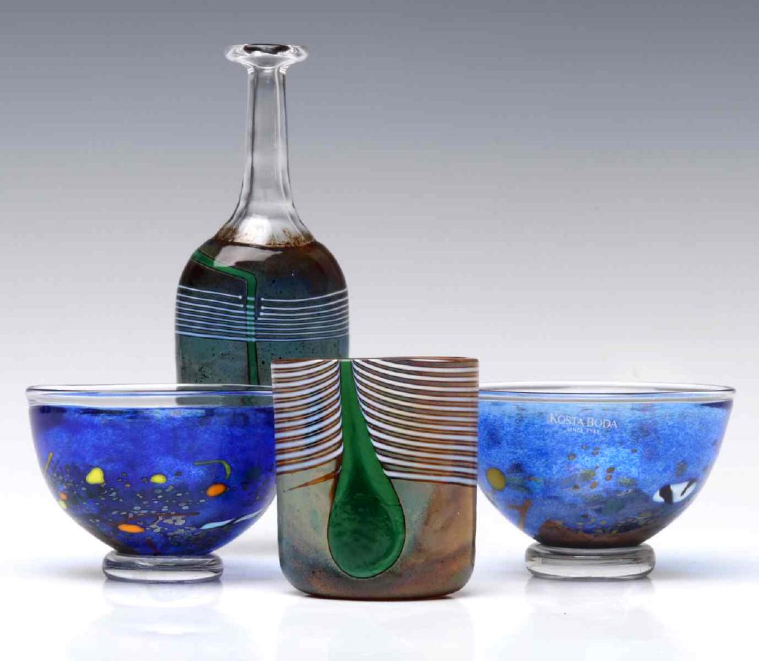 A COLLECTION OF BERTIL VALLIEN ART GLASS FOR KOSTA: Bertil Vallien Four works signed Bertil Vallien for Kosta Boda. Sizes range from 2 to 4.75 inches. Provenance: The Evonne K. English Conservatorship Art Collection. We happily provide seamless in-hous